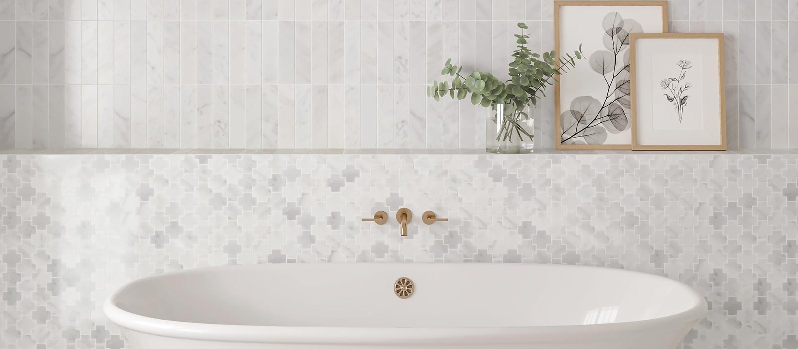 Bedrosians Monet mosaic tiles - sophisticated natural stone pattern for spa-like bathroom design. Click to shop online.