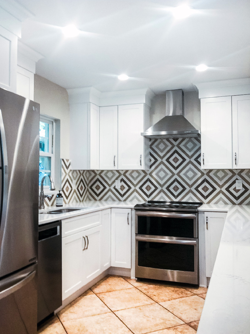 Geometric cement tile backsplash