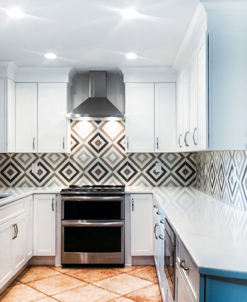 Geometric cement tile backsplash
