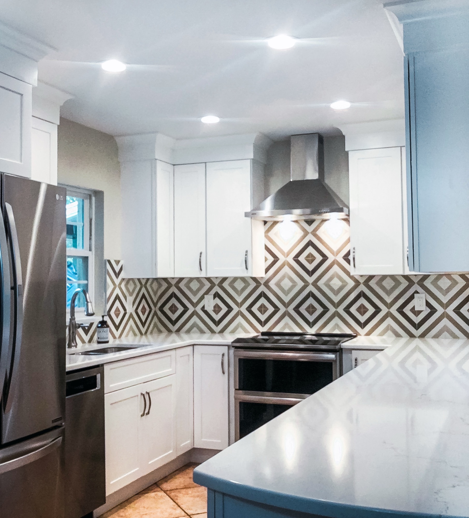 Kitchen backsplash with geometric tile installed by Great Britain Tile